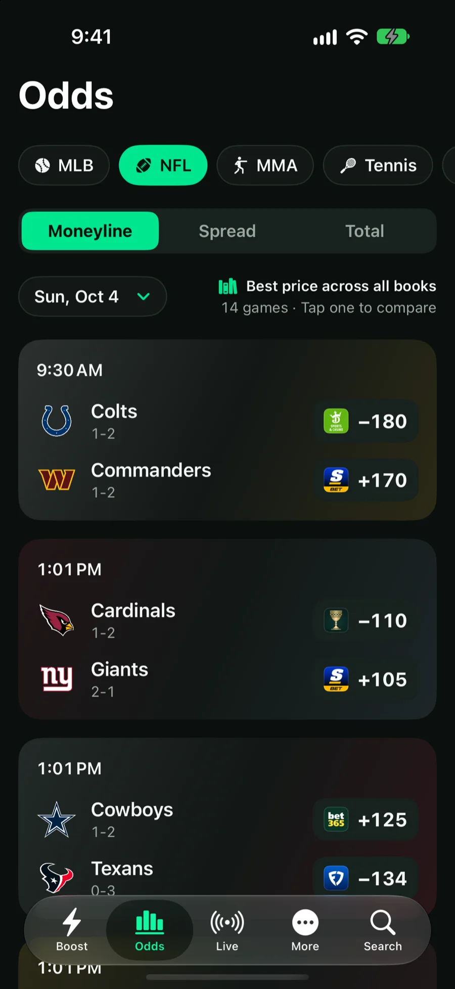 Reflex Odds showing the best price for Sunday's NFL games, each with the sportsbook that has it